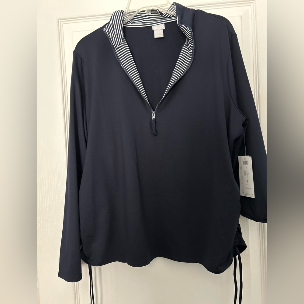Chico's NWT Zenergy navy/navy-stripped zipper-pullover top in Size 3 (16/18).